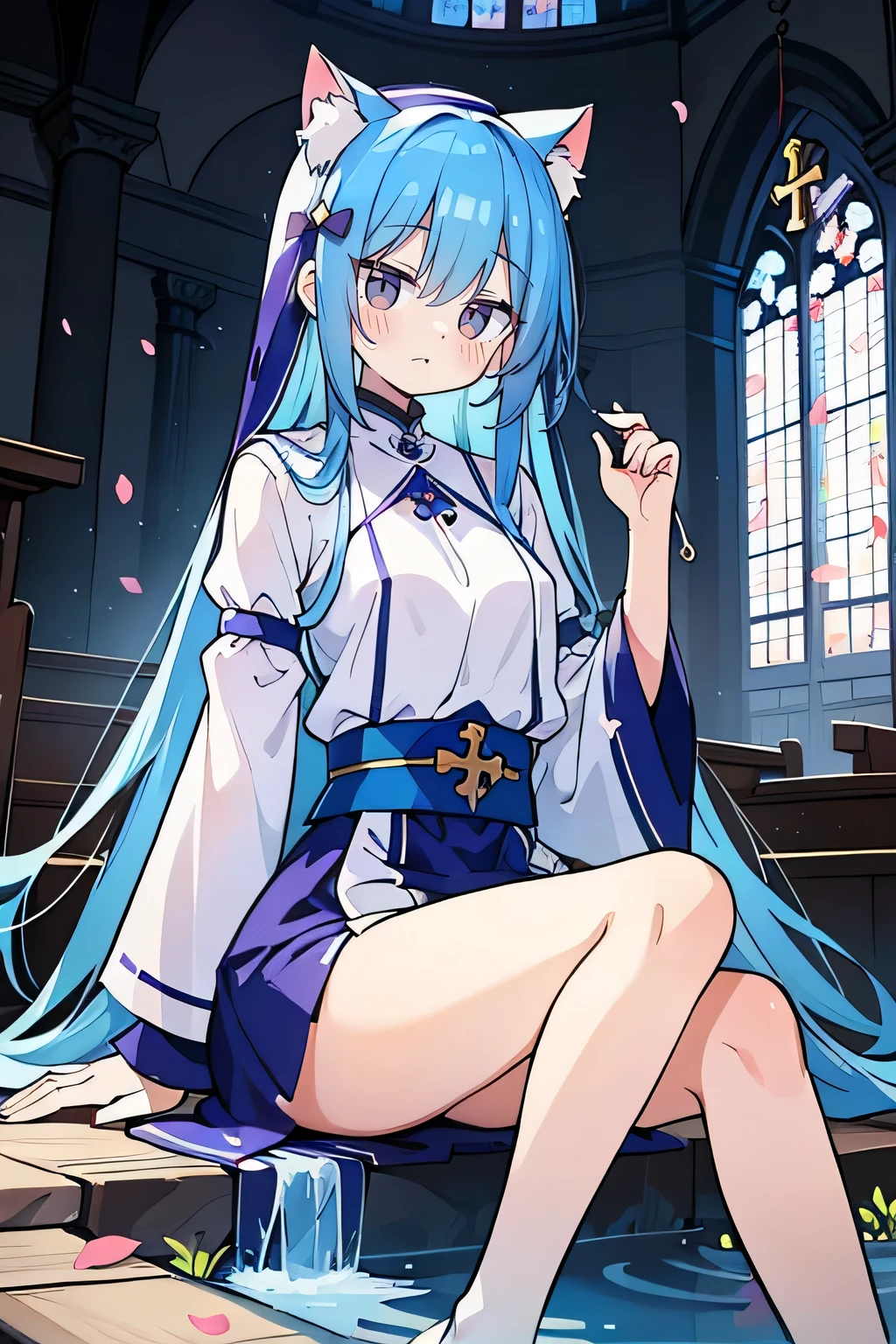 (masterpiece:1.2),Extremely detailed,Practical,expressive eyes,Fair skin,Perfect face shaping,1 Girl,
Japanese cartoons,Gorgeous blue hair, the long flowing blue hair,Floating clothes,Cat ears,Petals fall,beautiful lola,Young Angel,
Place your hands on your waist,sit elegantly on the ground,Cross your legs,Gentle and peaceful background,church,Nun's Clothes,back view,lie on the water.