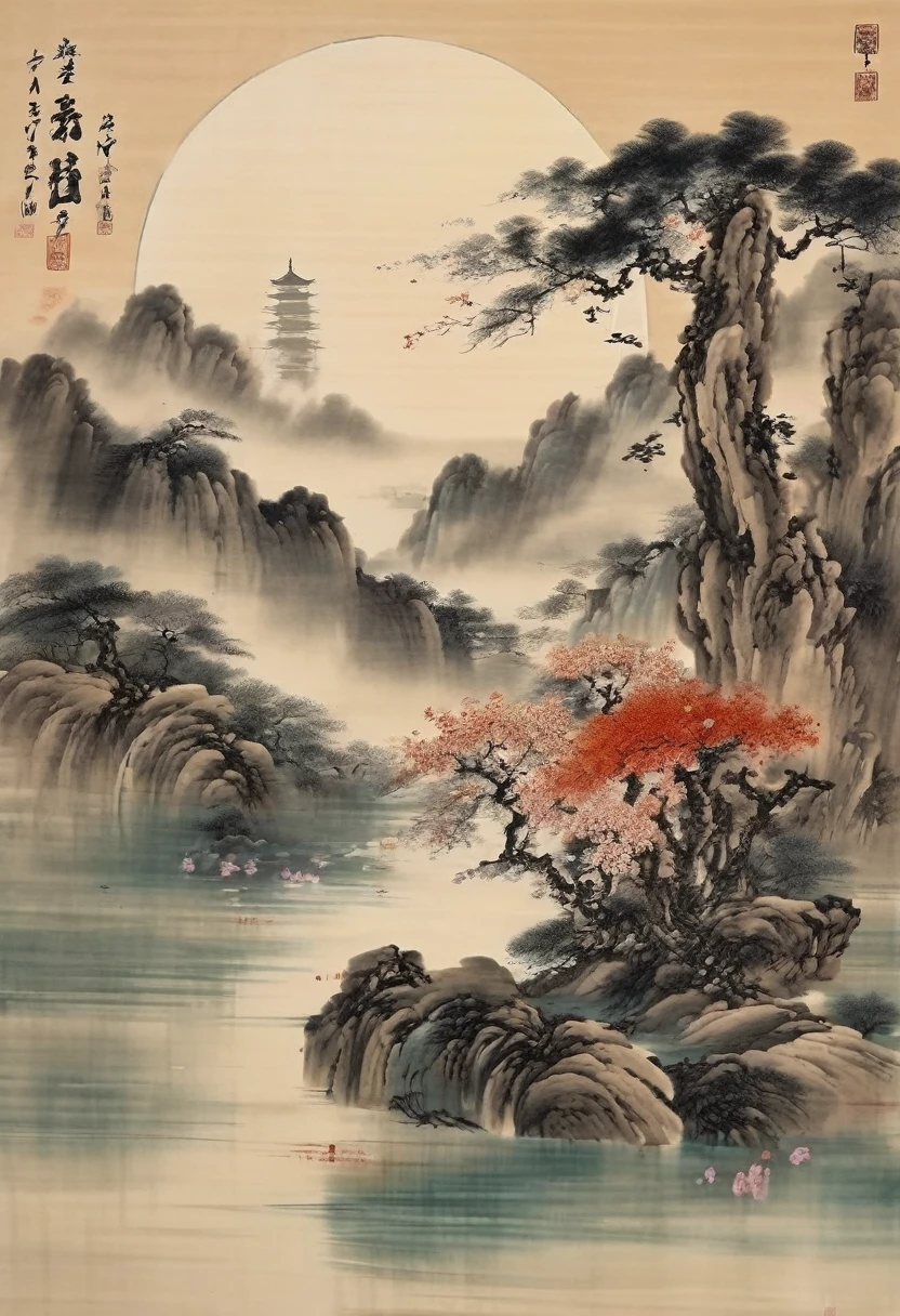 Many mirrors flowers snow moon，antiquity，traditional Chinese painting，National tide，Ink