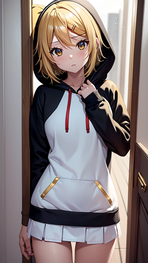 Kagamine rin , 1 girl , wearing a red hooded sweater , white miniskirt with gold horizontal lines , viendo al espectador , bragas visibles , rostro seductor ,(imagen de ultra alta calidad 8k ) obra maestra ( high-definition picture ) , maximum image resolution , ( detalles de la imagen bien definidos )