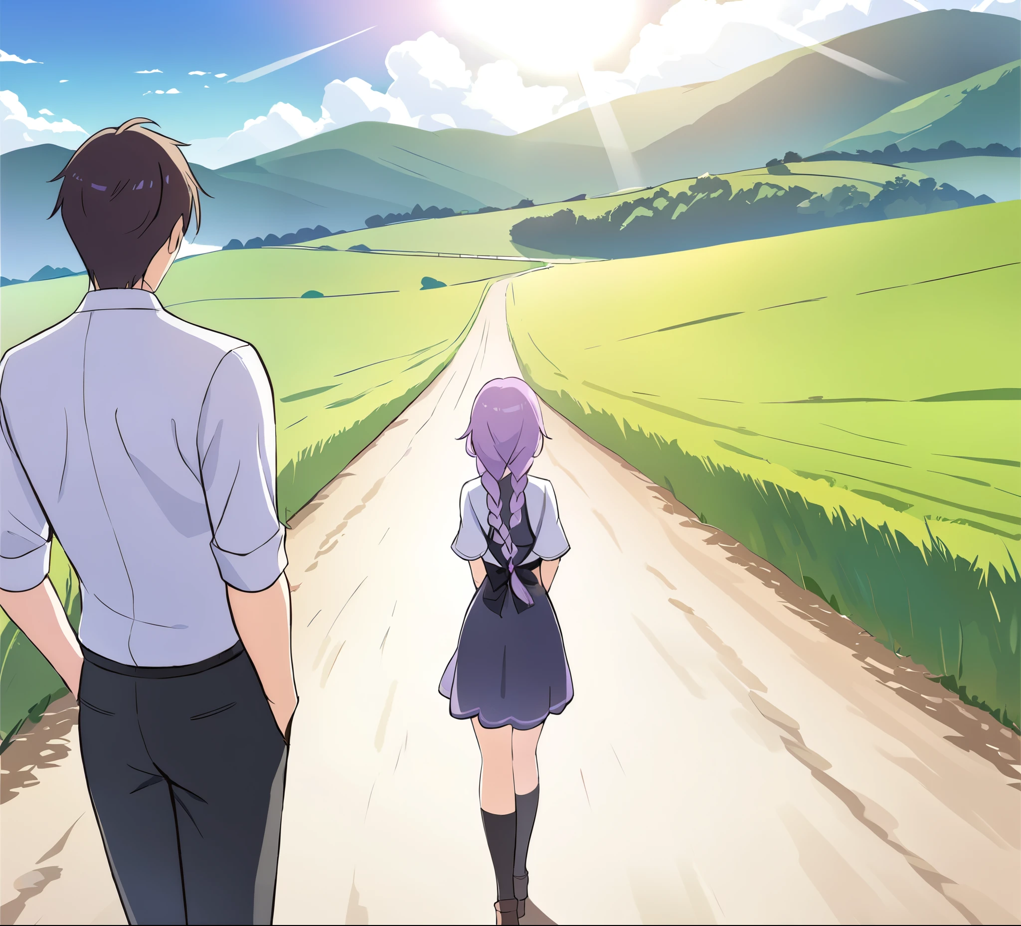 A couple(1 male, 1 woman with purple and white gradient double braids),Hands behind back,Walk on country roads,Sunshine,The background is green fields and hills in the distance,Warmth,romantic,happiness