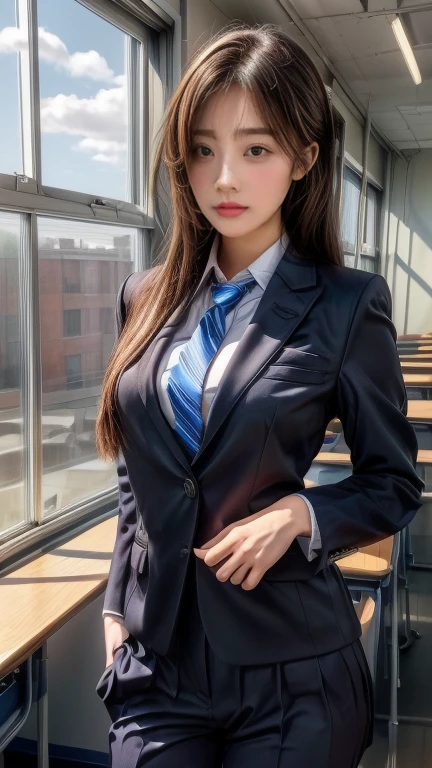 UHD, accurate, anatomically correct, textured skin, high details, best quality, 8k,  Wearing a suit and tie posing in a classroom, In a strict suit, Dressed in a strict suit, Wear a strict business suit, Beautiful school girl,  Moe art style, girl Wearing a suit, Girl in suit, Attractive girl, Smooth CG art, Surreal , Wearing a suit, Realistic high school girl, Surreal 