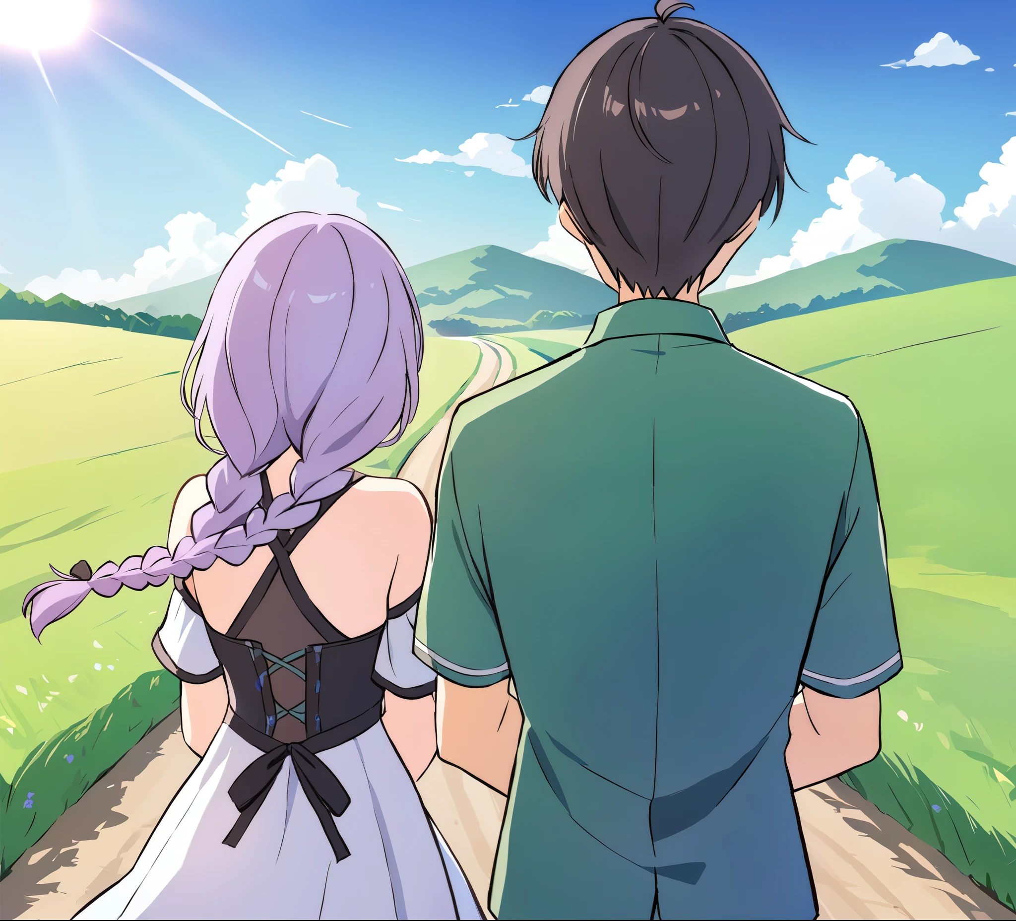 A couple(1 male, 1 woman with purple and white gradient double braids),Hands behind back,Walk on country roads,Sunshine,The background is green fields and hills in the distance,Warmth,romantic,happiness