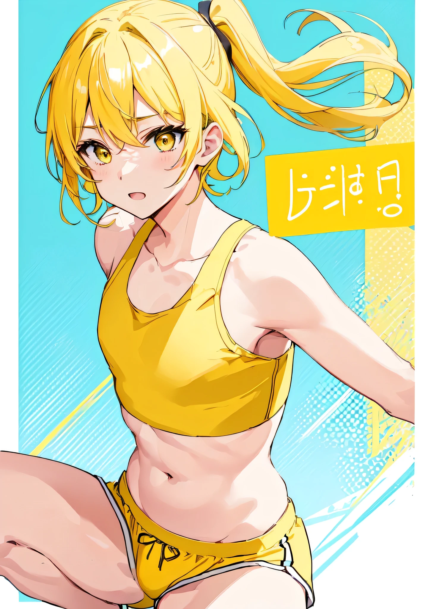 Cartoon drawing of a man wearing a sports bra、solo、short blonde boy、Yellow eyed boy、Naughty anime style、Yellow Sports Bra、Yellow panties、( ( Stop 4 # ) )、Cool Boy、Toned body、sports bra with an yellow、panty with an yellow、Naughty、Naughty style、A boy is standing、Color manga scan、whole body、looking at viewer、Cowboy Shot、High quality color sketches、sports bra and panty only、Color cartoon art、(male body:1.3)、