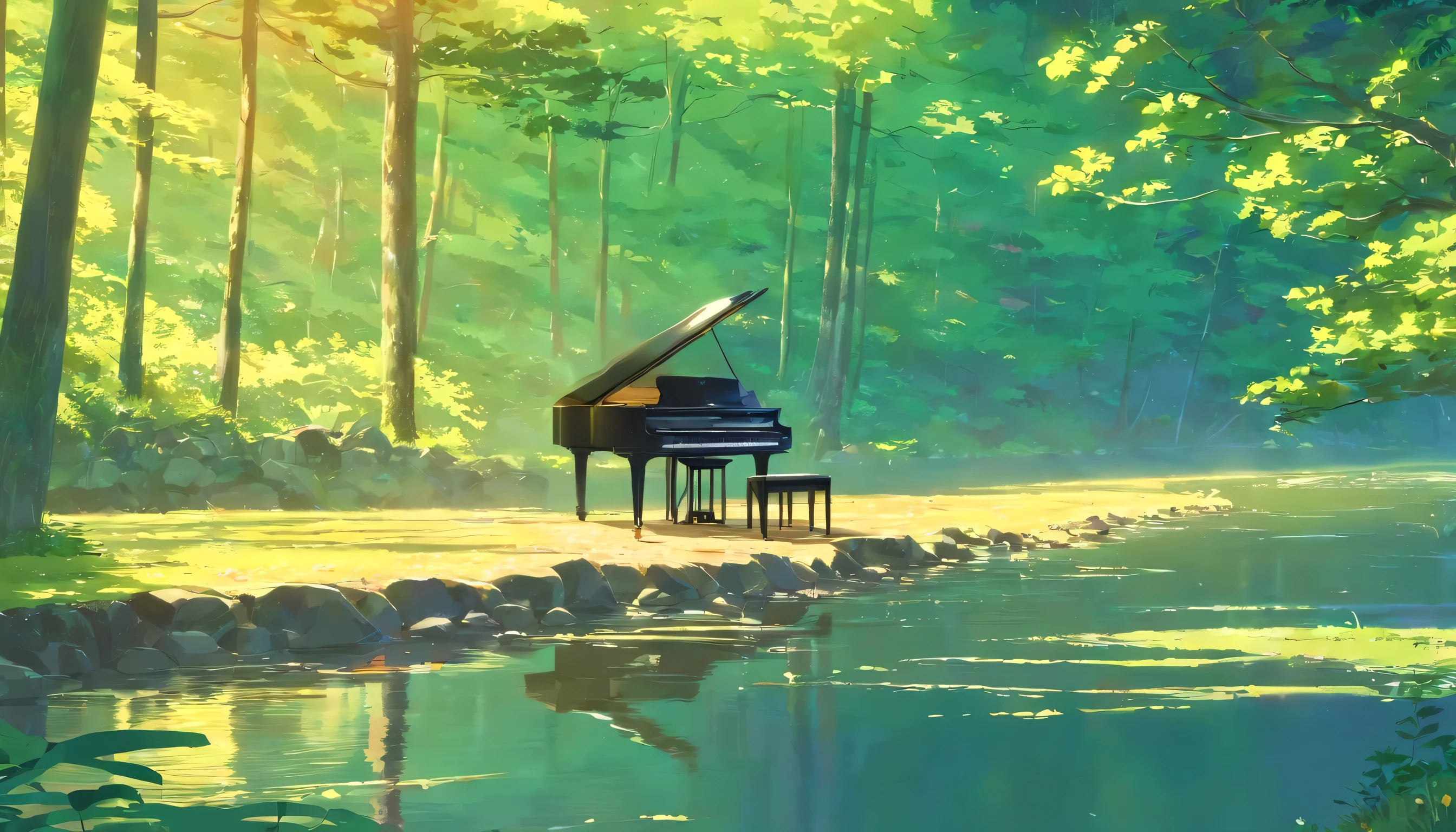 A piano in the middle of the woods near a river