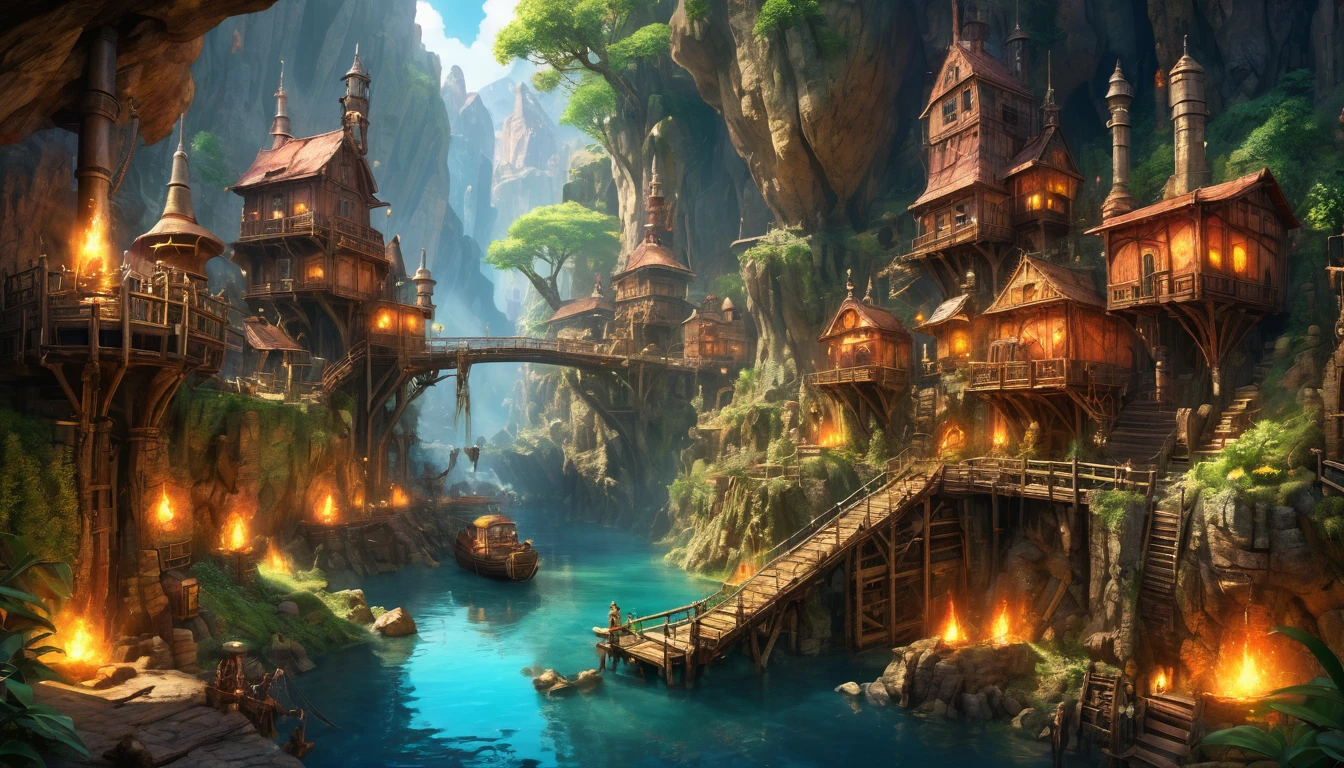 (masterpiecebest quality, high resolution, depth of filed, HDR:1.2), extremely delicate and beautiful, illustration, vibrant colors, (fantasy landscape), A mesmerizing fantasy with enchanting elements blending seamlessly. (Hennes mines, mine shaft, torches, mice, minecart, rocks, from final fantasy xii). A mesmerizing fantasy with enchanting elements blending seamlessly, beautiful, extremely detailed, intricate, delicate, serene fantasy, light filtering through the trees, bokeh, cinematic lighting, 8k, high quality