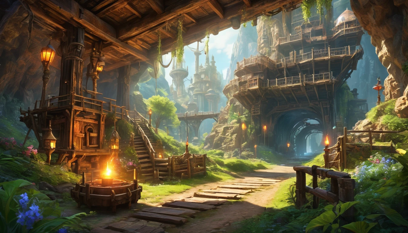(masterpiecebest quality, high resolution, depth of filed, HDR:1.2), extremely delicate and beautiful, illustration, vibrant colors, (fantasy landscape), A mesmerizing fantasy with enchanting elements blending seamlessly. (Hennes mines, mine shaft, torches, mice, minecart, rocks, from final fantasy xii). A mesmerizing fantasy with enchanting elements blending seamlessly, beautiful, extremely detailed, intricate, delicate, serene fantasy, light filtering through the trees, bokeh, cinematic lighting, 8k, high quality