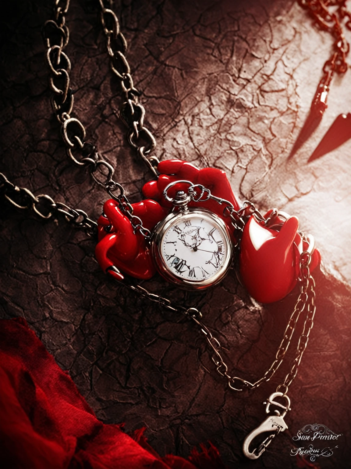 Flame time pointer chain heart。Can have a hand as the subject,Holding an hour hand or a heart-shaped object,Then there are chains crossing around the hands。I feel like I could have a pocket watch chain around me.,Just one hand holding a pocket watch,Then wrap the chain around it a few times,The main color is black and red