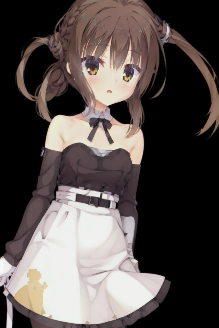 brown eyes, brown hair, brown eyes, bare shoulders, white dress, elbow gloves, eyebrows visible through hair, hair ornament, long hair, strapless dress, white gloves, black pantyhose, satou sasara, 1girl,white skirt,View from the front,Character portrait,expensive_solve, clear_image, expensive_Contrast, 8k, Sparkling, beautiful_detailed_face_and_eye, (Dark brown hair:1.25), 白 eye,Black background