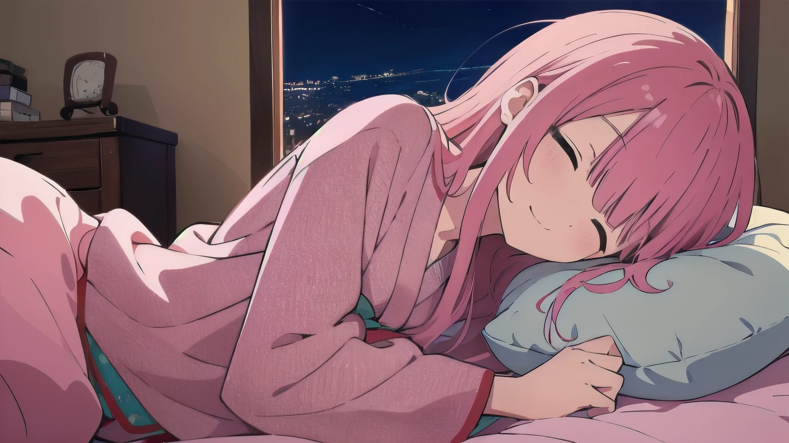 Very detailed, Detailed Background, (highest quality, masterpiece, High resolution), One girl, smile, Mid-chest, Pink Hair, Upper Body, pajamas, long hair、 (night:1.4)、 Dimly lit room, Co-sleeping style, Japanese-style room