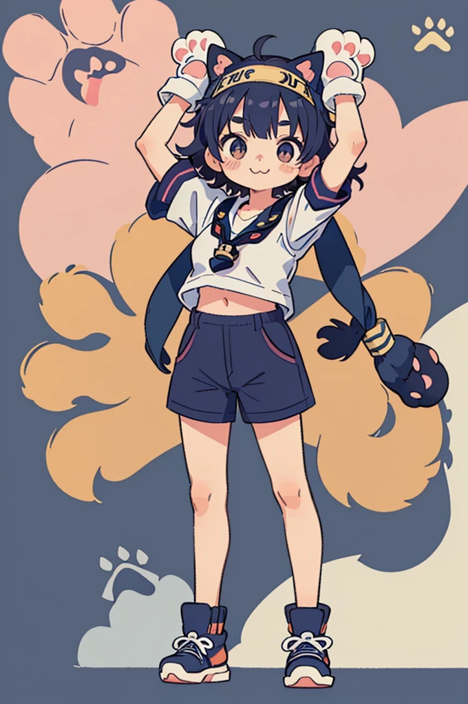 flat color,(1girl,japanese,17yo,((cute navy Paw Glove:1.5)),Cat ears headband,(arms up:1.3),detailed face,BREAK (navy hair,wavy-short hair),parallel eyebrows,navy eyes with large irises,blunt bangs,small nose, fresh lips,smile,small breasts,(5feet tall)),very happy, BREAK, Oversized paw t-shirt,short cargo pants,sneakers,pink,fullbody,catwalk,