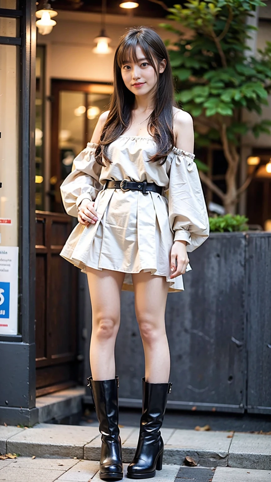 (8k、RAW Photos、highest quality、masterpiece:1.2)、(Realistic、Realistic)、1 girl、((Black mini skirt、Off the shoulder、smile、Frills、Arm Covers、See-through、Dim lighting、Spotlight、ribbon、boots、Standing with hands on hips))、