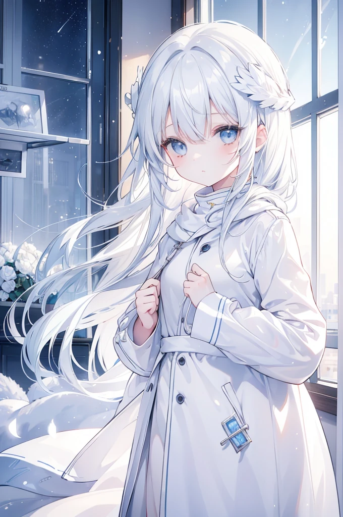 1girl,Light blue eyes, white hair, wearing a cute white coat, light and feathery, looking out the window is the night sky,bright golden sunlight, 8k, looking at viewer