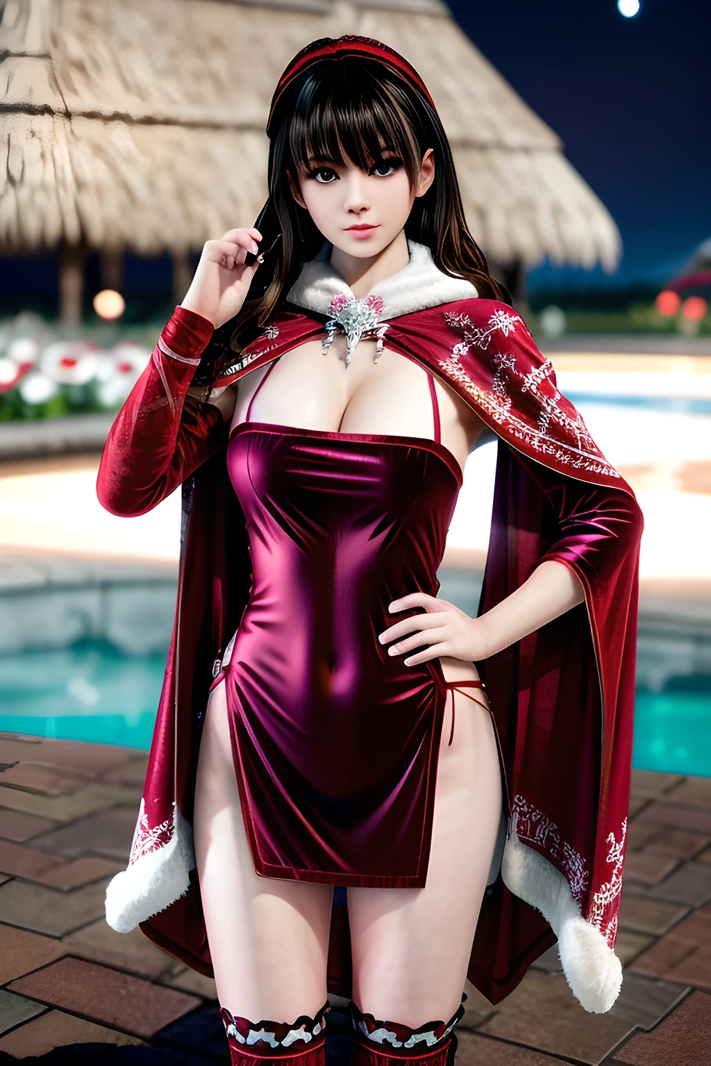 1girl,(RED theme: 1.2), (Velvet fabric nightgown: 1.2), (Ice flower cloak: 1.5), ,garden,moon,huge breasts,lactating,(lip gloss),(masterpiece), best quality, (real life portrait photography:1.5),unltra detailed,8K,Shot with a professional-grade camera like the Nikon D850,every intricate detail is captured, from the subtlest expression to the glimmer of anticipation in her eyes,Focus on thighs and above,,nanami