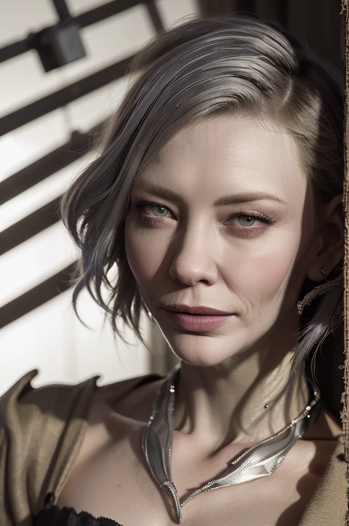 (cate Blanchett (25)), beautiful detailed eyes, beautiful detailed lips, extremely detailed eyes and face, long eyelashes, 1 girl, drow elf, midnight black skin, solid violet eyes, silver hair, confident, vicious, wearing only scant body jewelry in the style of a spider web, snake whip, unclad, fearless, best quality, 4k, 8k, highres, masterpiece:1.2, ultra-detailed, realistic, photorealistic, photo-realistic:1.37, HDR, UHD, studio lighting, ultra-fine painting, sharp focus, physically-based rendering, extreme detail description, professional, vivid colors, bokeh, portrait