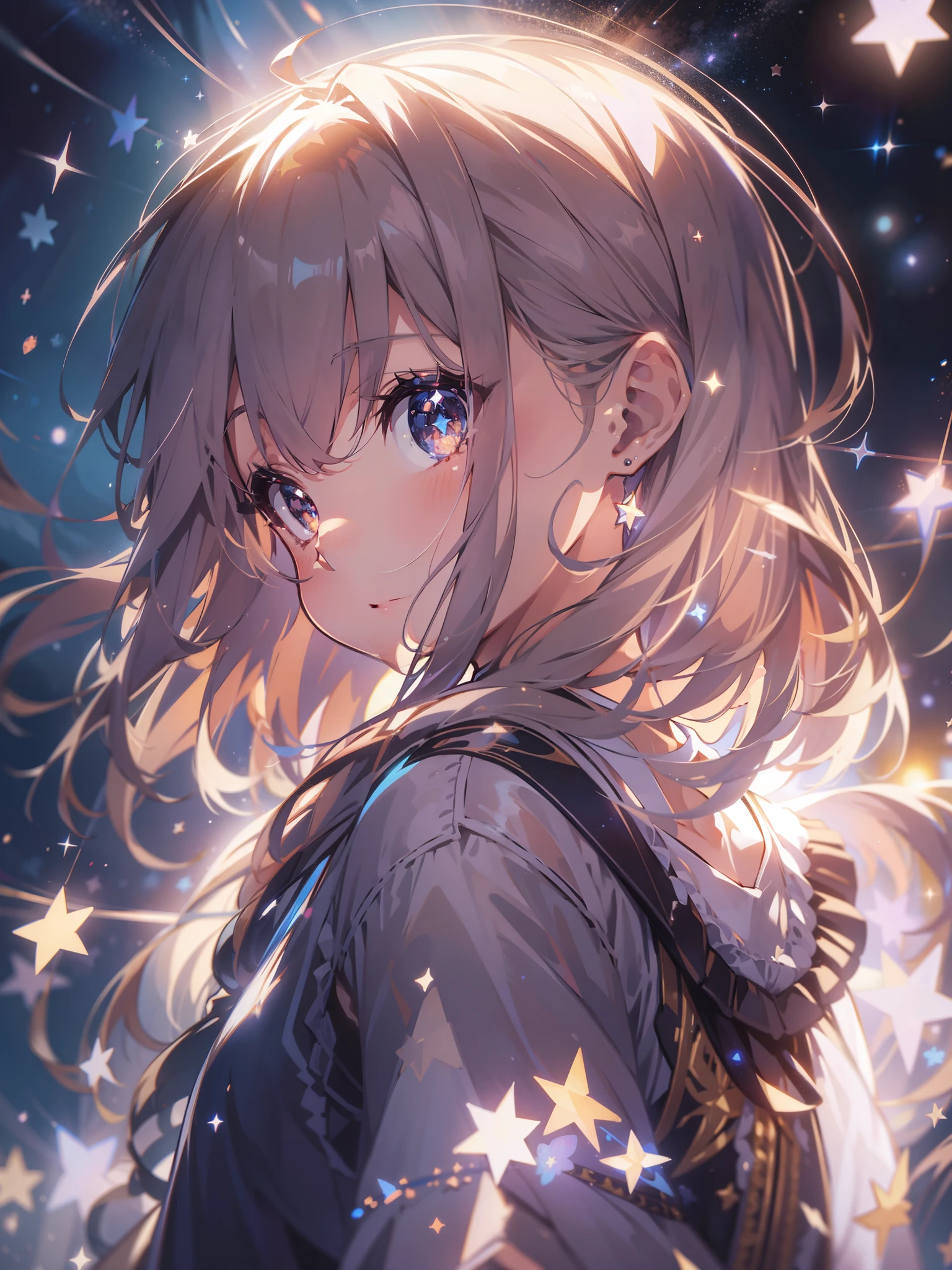 anime,depth of field, cinematic lighting, lens flare, f/1.2,(masterpiece:1.2),(high definition),Planetarium、Grateful girl、Impressed face、Sparkling eyes、Beautiful starry sky