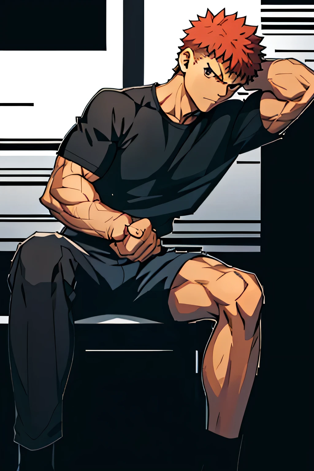Shirou is sitting and flexing his biceps. He wears black shorts. You can see his thighs. He looks stoic and serious. He has bulging veins on his arms. He wears a black tshirt. His sleeve is completely rolled up so you can see his entire arm and shoulder.