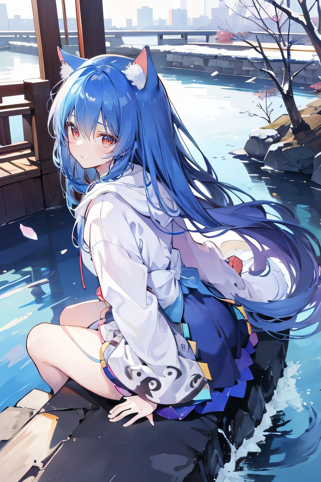 （masterpiece：1.2），Super detailed，lifelike，Expressive eyes，fair skin，perfect face shape，1 girl，
Japanese comics,Gorgeous blue hair,flowing blue hair,flowing clothes,Cat ears,Petals fall,beautiful lola,Baby Angel,
Cross your legs，Gentle and peaceful background，The pavilion is cool and comfortable,smile, wearing hoodie, background of tokyo,back views,snowing, winter,lie on the water. 