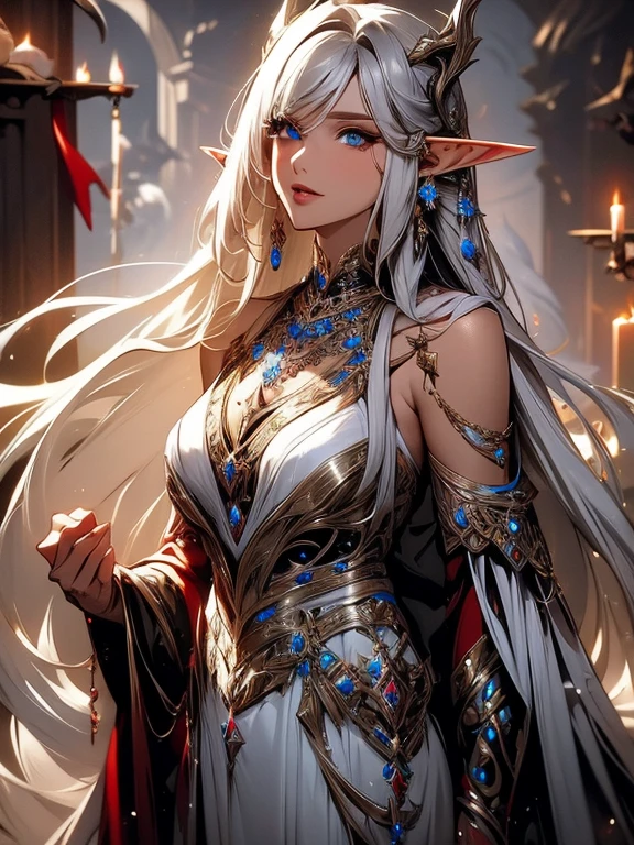 female adult elf with dark blonde silver brwon hair wearing a beautiful glowing dress with demonic Accessoires and gemstones and black silver armor details