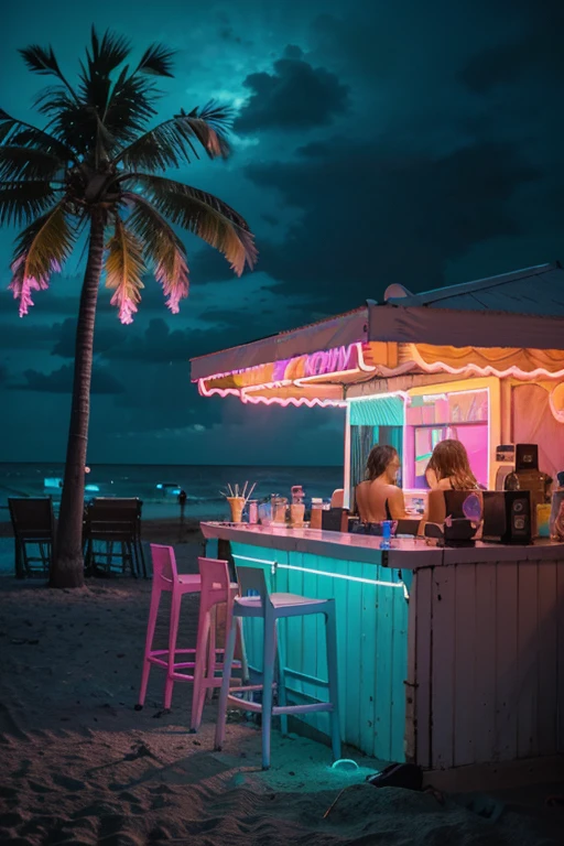 Neon, neon beach, pastel pink and dark cyan background, dark clouds, night bar, neon night bar, beach night bar seen from the exterior, palm trees, sand, beach, only one bar stand, small bar stand, very small bar stand, sand and ocean visible, beach visible, cozy looking, cozy looking but with neon lights, orange lights in night bar