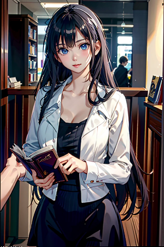 8k, highest quality, masterpiece, realistic,photorealistic:1.29, Super detailed、face lighting， 1 girl, 16 years old、cute face、cute fashion 、whole body、reading a book、at the library, deep blue eyes, bangs, see beyond the viewer、serious face