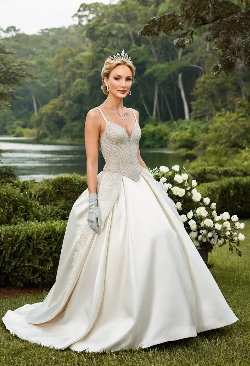 Candice king Is a stunning model, and in this image, she's dressed in a breathtaking Victorian-style wedding gown. The white satin bridal gown has a full, princess-style skirt and a long train that flows behind her. The intricate bodice is adorned with lace, diamonds, and a delicate bow at the waist. Her hair is styled in an elegant updo, complete with a sparkling tiara. She wears elbow-length opera gloves and diamond earrings and a necklace that complement the dress perfectly. The image is set against a majestic outdoor backdrop, with a serene landscape and soft lighting that highlights the beauty of the gown and the model.