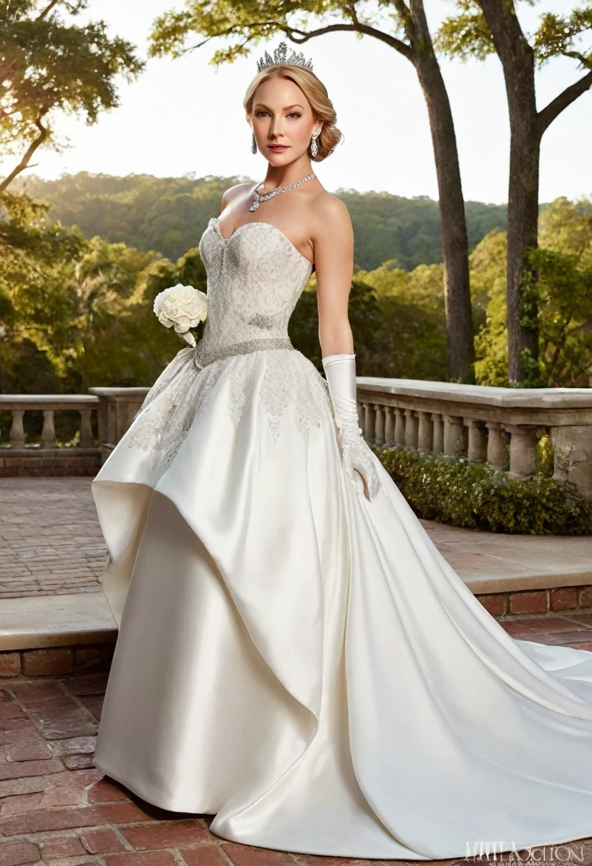 Candice king Is a stunning model, and in this image, she's dressed in a breathtaking Victorian-style wedding gown. The white satin bridal gown has a full, princess-style skirt and a long train that flows behind her. The intricate bodice is adorned with lace, diamonds, and a delicate bow at the waist. Her hair is styled in an elegant updo, complete with a sparkling tiara. She wears elbow-length opera gloves and diamond earrings and a necklace that complement the dress perfectly. The image is set against a majestic outdoor backdrop, with a serene landscape and soft lighting that highlights the beauty of the gown and the model.