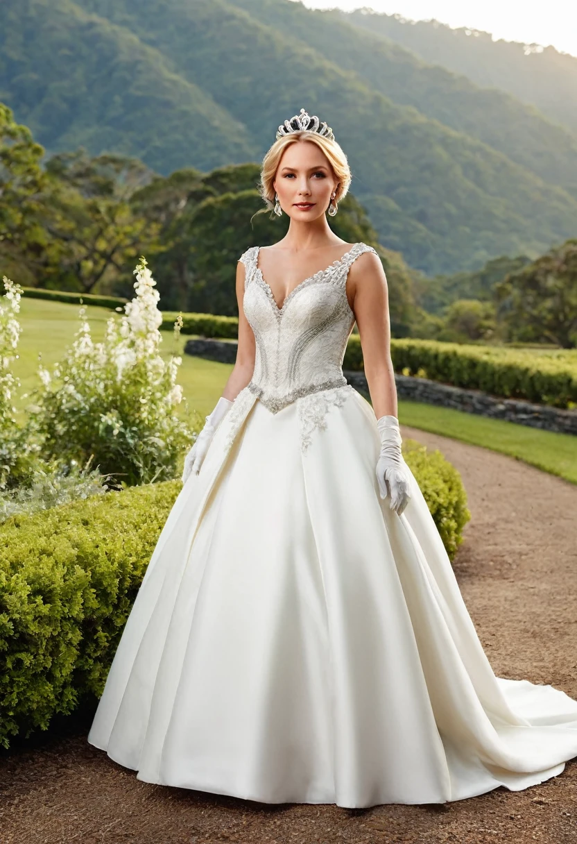 Candice king Is a stunning model, and in this image, she's dressed in a breathtaking Victorian-style wedding gown. The white satin bridal gown has a full, princess-style skirt and a long train that flows behind her. The intricate bodice is adorned with lace, diamonds, and a delicate bow at the waist. Her hair is styled in an elegant updo, complete with a sparkling tiara. She wears elbow-length opera gloves and diamond earrings and a necklace that complement the dress perfectly. The image is set against a majestic outdoor backdrop, with a serene landscape and soft lighting that highlights the beauty of the gown and the model.