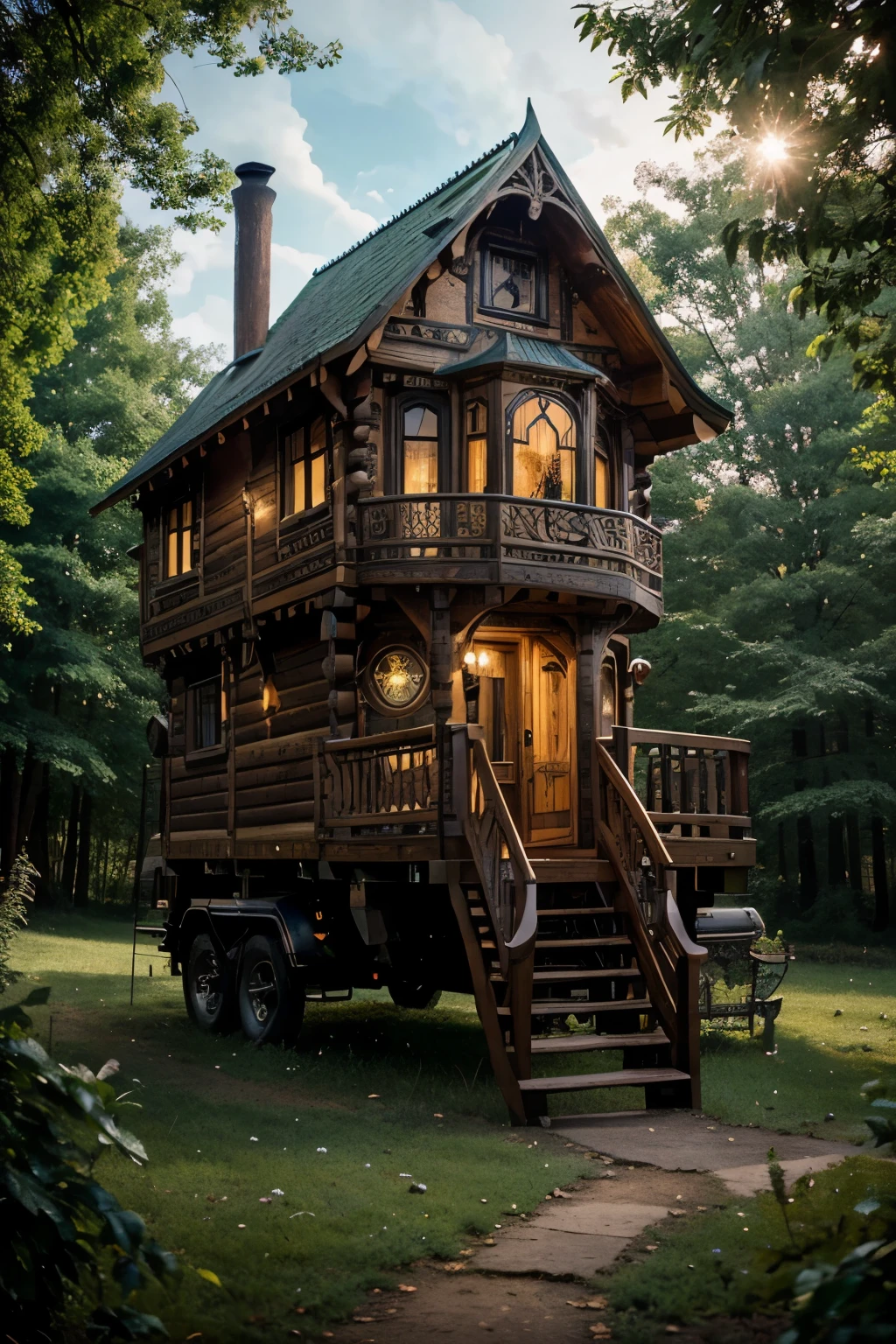 a close up of a house on a truck with a lot of windows, neo - gypsy caravan, peaceful wooden mansion, tiny house, stunningly detailed, fantasy house, very aesthetically pleasing, beautiful lit, intricate masterpiece, amazing craftsmanship, inspired by Jacek Yerka, steampunk air haven, brilliantly colored, also very detailed, insanly detailed, steampunk car, steampunk setting, in the forest background