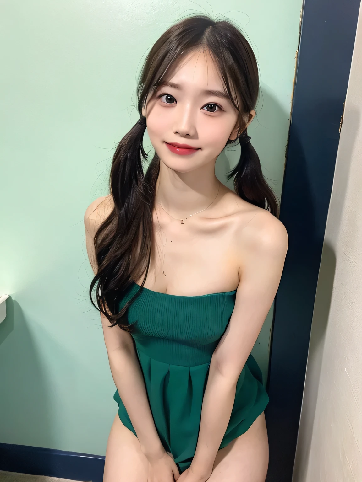 masterpiece、one person、、Full body photo、slender、woman、White drool coming out of the mouth、smile、Twin tails、 Fair skin, messy hair, super cute、Soft and Face、8K resolution、Surreal、Ultra high definition、 A-cup small breasts((Highest resolution、8k、masterpiece:1.3))、Ultra-fine face、Ultra Fine Lips、Beautiful Eyes、double eyelid,Dark blue walls、Green bandeau dress:1.1、Thighs、thin,Thighs are visible、Shapely small breasts、fun、sexy