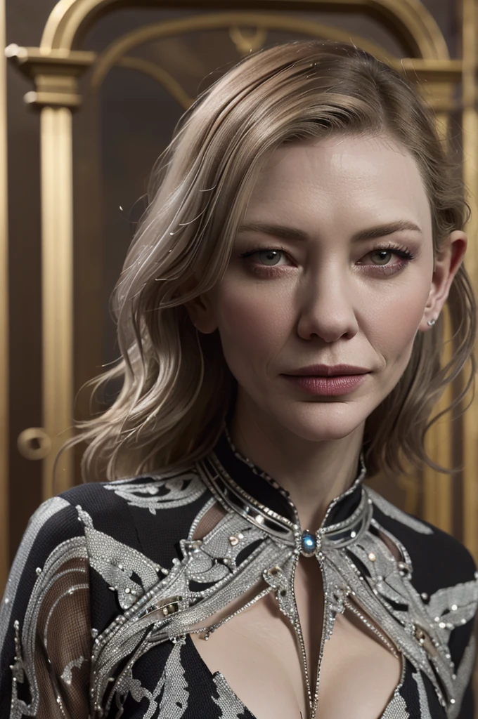 (cate Blanchett (25)), beautiful detailed eyes, beautiful detailed lips, extremely detailed eyes and face, long eyelashes, 1 girl, drow elf, midnight black skin, solid violet eyes, silver hair, confident, vicious, wearing only scant body jewelry in the style of a spider web, snake whip, unclad, fearless, dancing an evil but alluring dance in a room with a throne of bones at its center, best quality, 4k, 8k, highres, masterpiece:1.2, ultra-detailed, realistic, photorealistic, photo-realistic:1.37, HDR, UHD, studio lighting, ultra-fine painting, sharp focus, physically-based rendering, extreme detail description, professional, vivid colors, bokeh, full bodyportrait