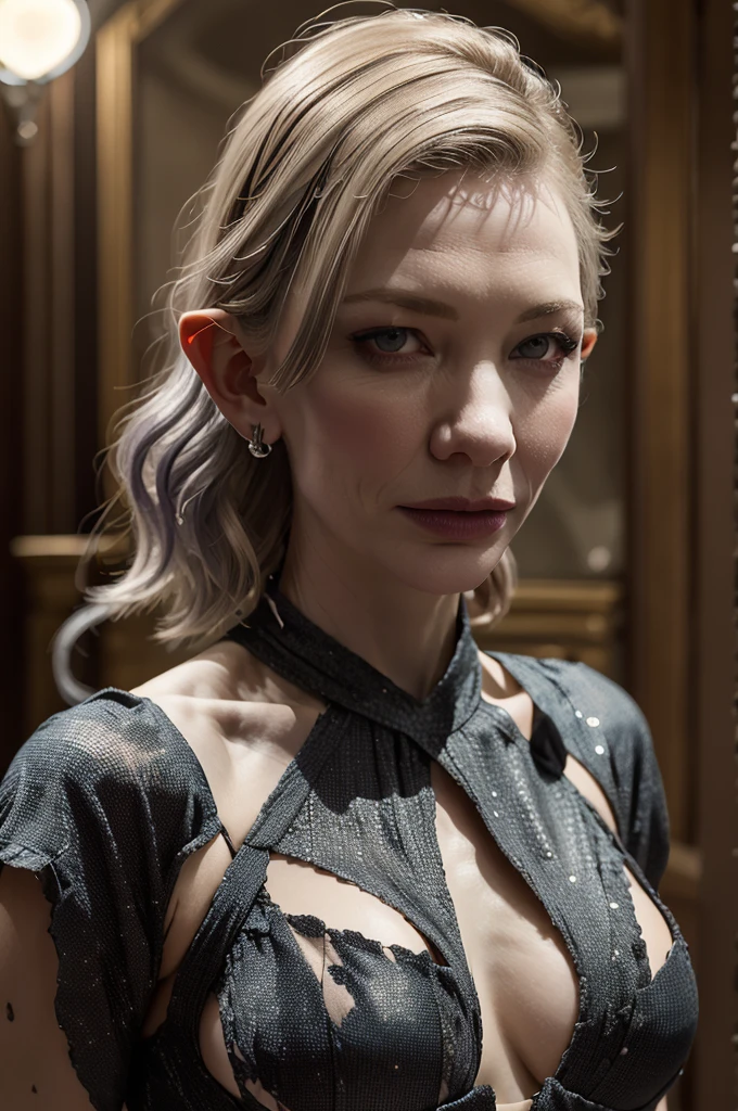 (cate Blanchett (25)), beautiful detailed eyes, beautiful detailed lips, extremely detailed eyes and face, long eyelashes, 1 girl, drow elf, midnight black skin, solid violet eyes, silver hair, confident, vicious, wearing only scant body jewelry in the style of a spider web, snake whip, unclad, fearless, dancing an evil but alluring dance in a room with a throne of bones at its center, best quality, 4k, 8k, highres, masterpiece:1.2, ultra-detailed, realistic, photorealistic, photo-realistic:1.37, HDR, UHD, studio lighting, ultra-fine painting, sharp focus, physically-based rendering, extreme detail description, professional, vivid colors, bokeh, full bodyportrait
