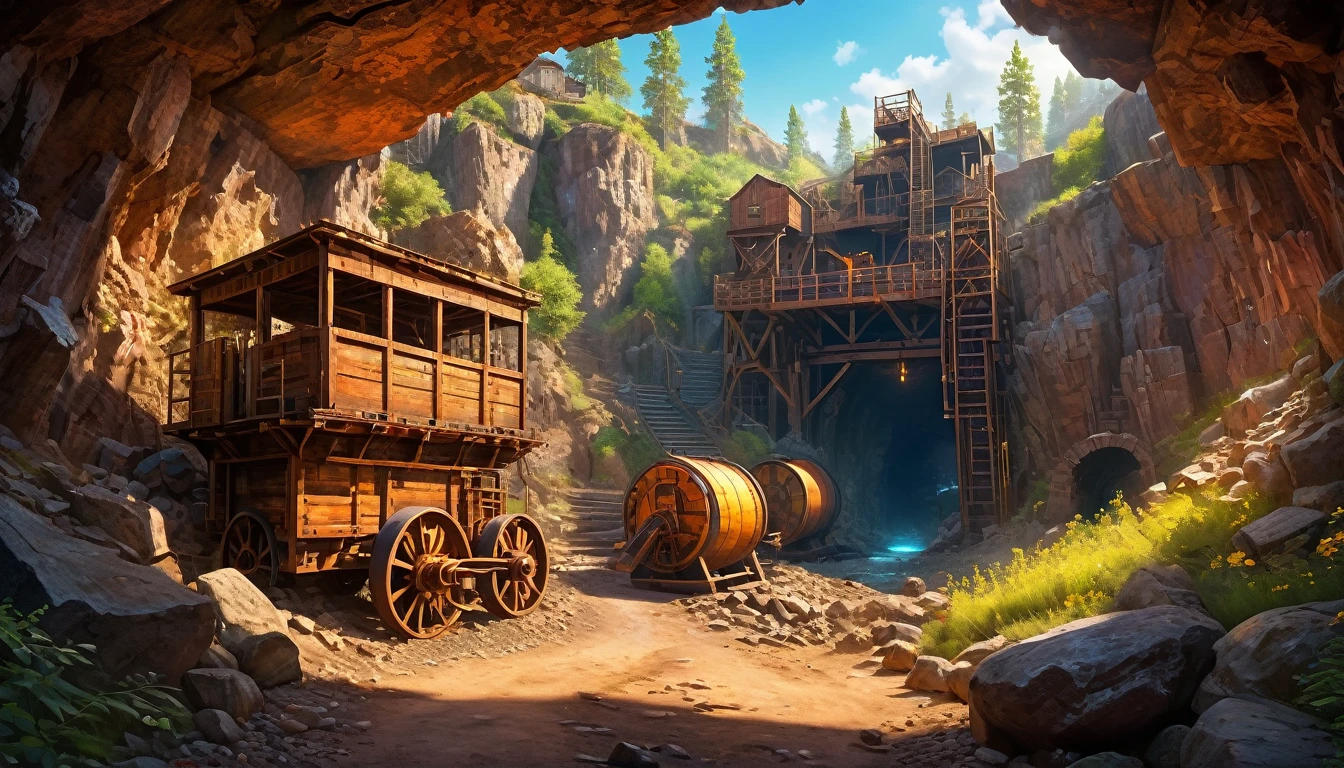 (masterpiecebest quality, high resolution, depth of filed, HDR:1.2), extremely delicate and beautiful, illustration, vibrant colors, (fantasy landscape). (Hennes mines, interior, mine shaft, minecart, rocks). A mesmerizing fantasy with enchanting elements blending seamlessly, beautiful, extremely detailed, intricate, delicate, serene fantasy, light filtering through the trees, bokeh, cinematic lighting, 8k, high quality