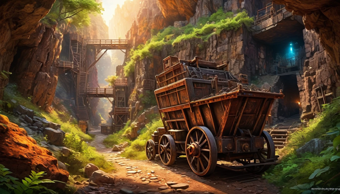 (masterpiecebest quality, high resolution, depth of filed, HDR:1.2), extremely delicate and beautiful, illustration, vibrant colors, (fantasy landscape). (Hennes mines, interior, mine shaft, minecart, rocks). A mesmerizing fantasy with enchanting elements blending seamlessly, beautiful, extremely detailed, intricate, delicate, serene fantasy, light filtering through the trees, bokeh, cinematic lighting, 8k, high quality