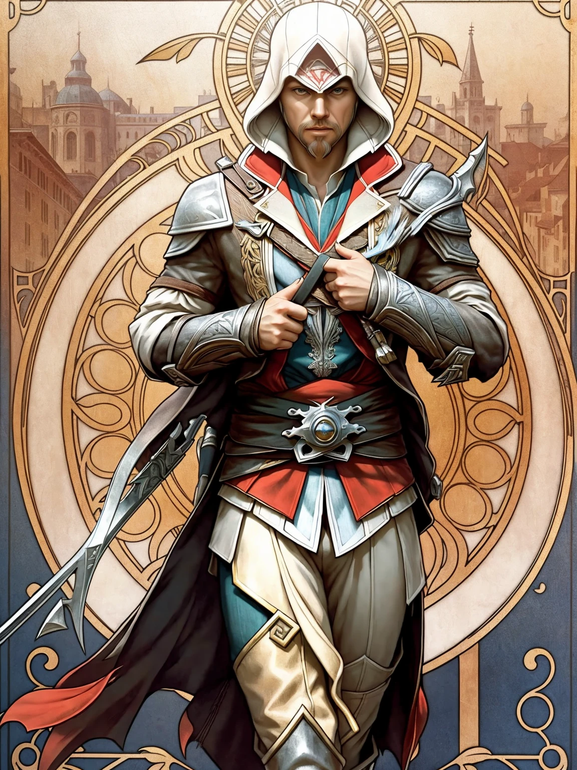 ((Art Nouveau Style)); James Hetfield as an Assassin's Creed Character in a stoic pose; ((Traditional Assassin's Creed outfit)); standing; ultrarealistic skin, ultrarealistic face; ultrarealistic body; ((ultrarealistic gold ornaments)); detailed skin; ultra detailed eyes; ultra detailed face; full body symmetrical with thick lines, Fibonacci, golden ratio, 3D metal structure tessellation, neural graphic, neurons, color, love, passion, incredibly detailed, 8k, masterpiece, artstation, surreal