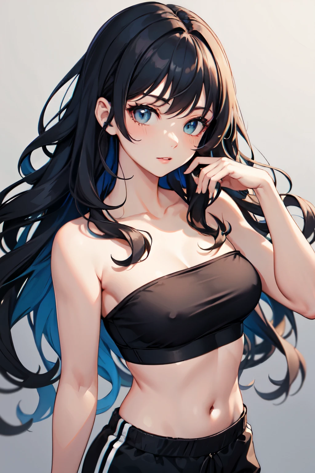 ((best quality)), ((masterpiece)), (detailed), perfect face, long wavy hair, dark blue hair, dark blue strapless crop top, black sporty shorts, upper body