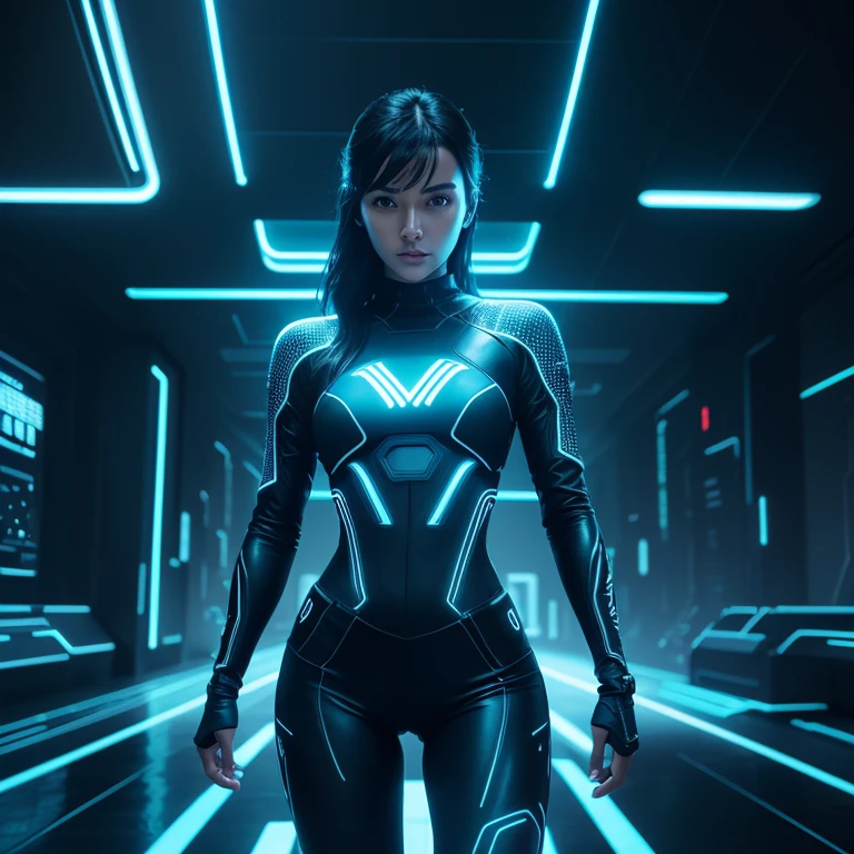 (((medium full shot))), (Masterpiece, photorealistic, photorealism, best quality, ultra-detailed:1.3), (nice hands, perfect hands), official art, cinematic light, (beautiful European girl:1.3), adult, a beautiful rapacious slender curvy young brunette woman age-25 in tight latex circuit skin, smirking, straight hair, standing straight at attention, staring at viewer, shoulder pads, leggings, in an future high-tech cyberpunk digital universe with holographic data displays (((in the style of tron legacy)))