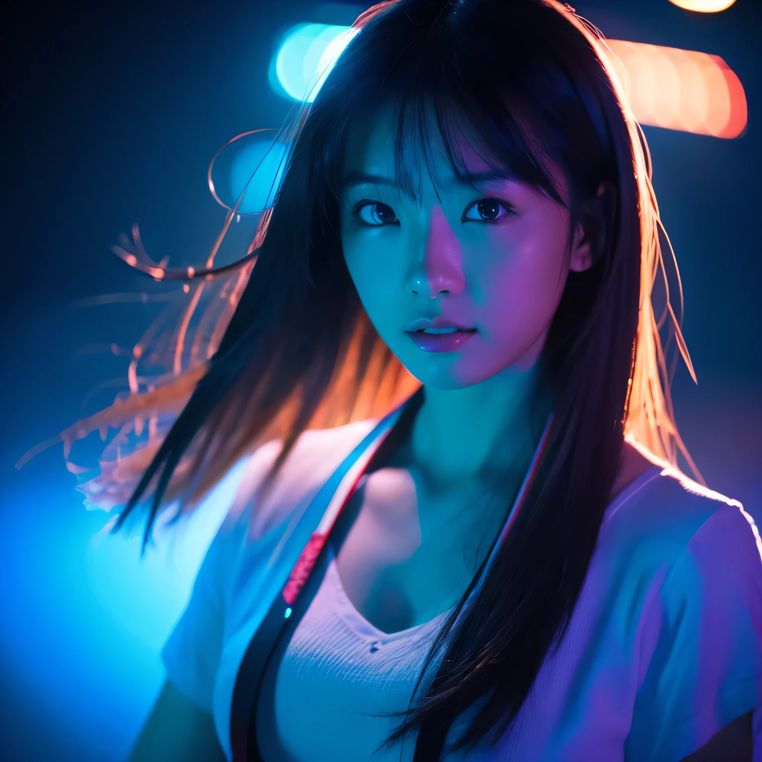 Beautiful realistic student Asian girl photo with HD blue light at night 