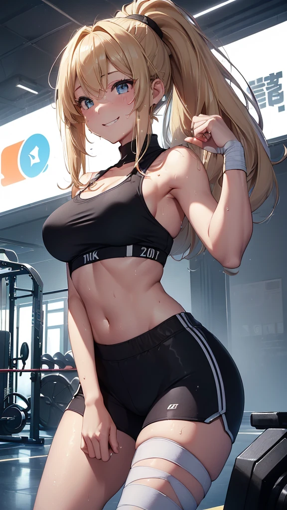 最high quality、best image quality、masterpiece、girl((20-year-old、 By becoming、vest bust、medium bust,wide open breast tea、Shining eyes, blonde、long hair、thin,highest valley、ponytail、action of looking up、Bandage on right arm、Sportswear with a wide open chest、short belly blue pants、cool pose、holding a black smartphone、sweating、smile、movement of leaning forward)),high quality、beautiful art、background((cyber sports gym))、flight、debris flies、Depth of written boundary、movie、visual art、perfect art、8K,genuine、