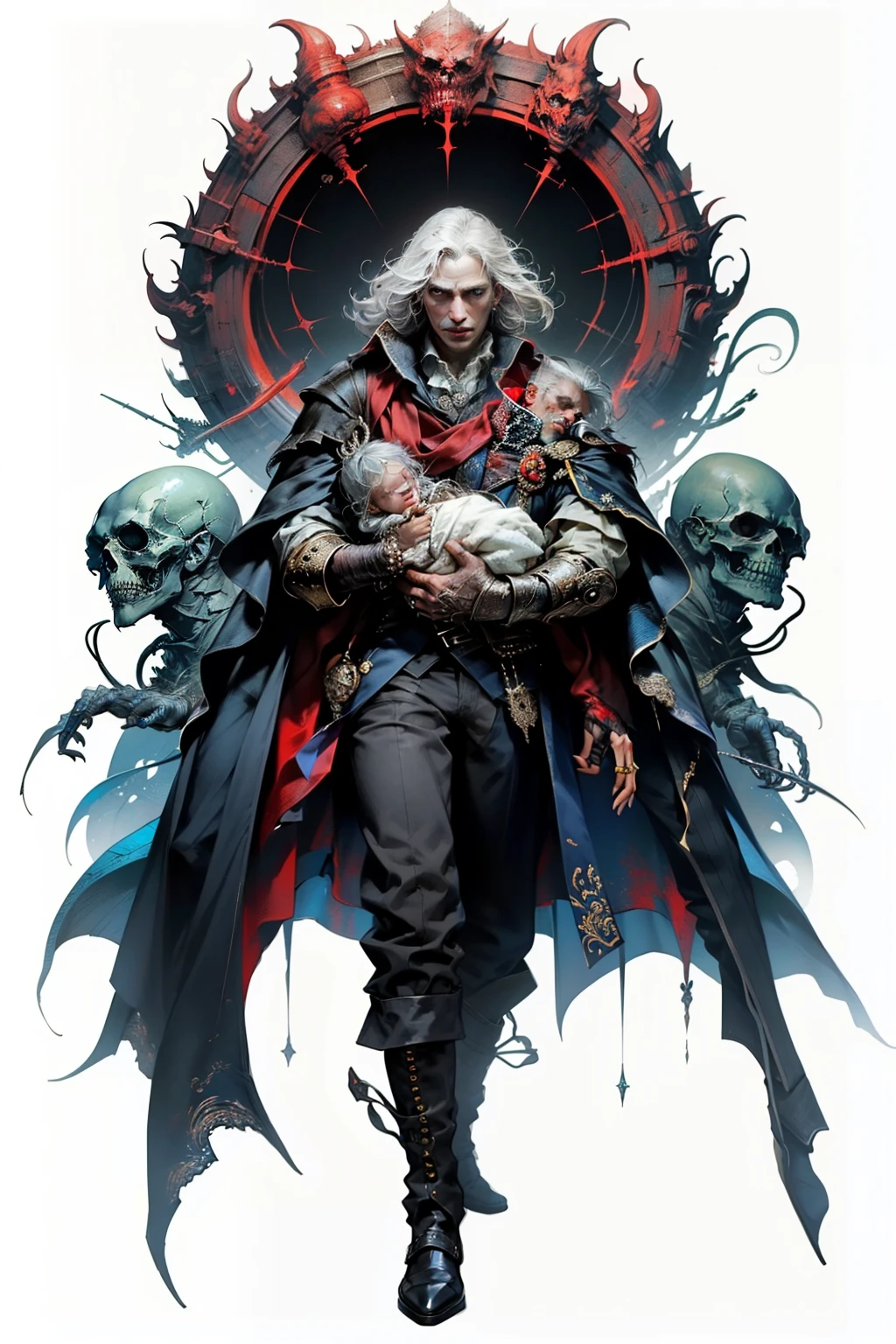 ((best quality)), ((masterpiece)), (detailed), perfect face, a father cradling his , a knight, white background, plain background, Bloodborne inspired, Bloodborne attire, occult aesthetic, occult, red and white clothing detailed and intricate steampunk and detailed gothic, long coat, Complex laced boots, Silver hair swaying in the wind, white background, Very dramatic and cinematic lighting, full body, whole body, body, cosmic horror, grim dark, a father cradling his , father,