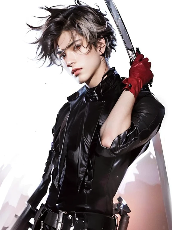 ((homem jovem ))((ultra realista)), ((imagem perfeita)), ((rosto perfeito)), ((ultra detalhado)), ((corpo inteiro)), um garoto com uma espada e uma roupa social preta, um assassino adolescente nervoso, handsome guy in demon slayer art, 