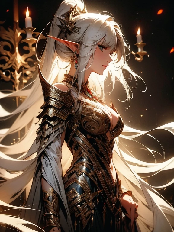 female adult elf with dark blonde hair wearing a beautiful glowing dress with demonic Accessoires and gemstones and black silver armor details