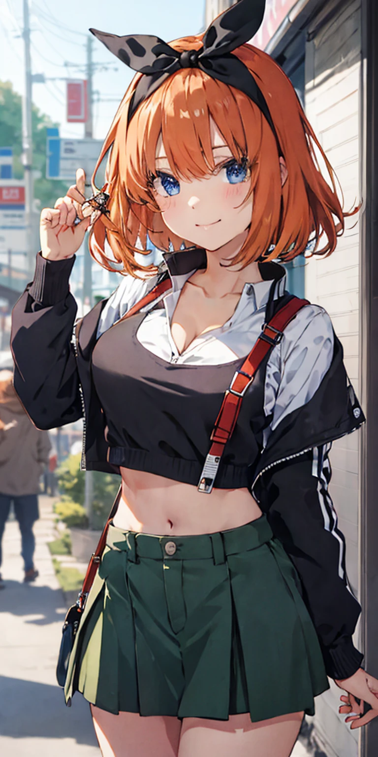 2D, masterpiece, highest quality, anime, very detailed, 1 girl, alone, cowboy shot, Nakano Yotsuba, orange hair, hair ribbon, crop top, cleavage , mini skirt, medium breasts, Are standing, , outdoor, smile