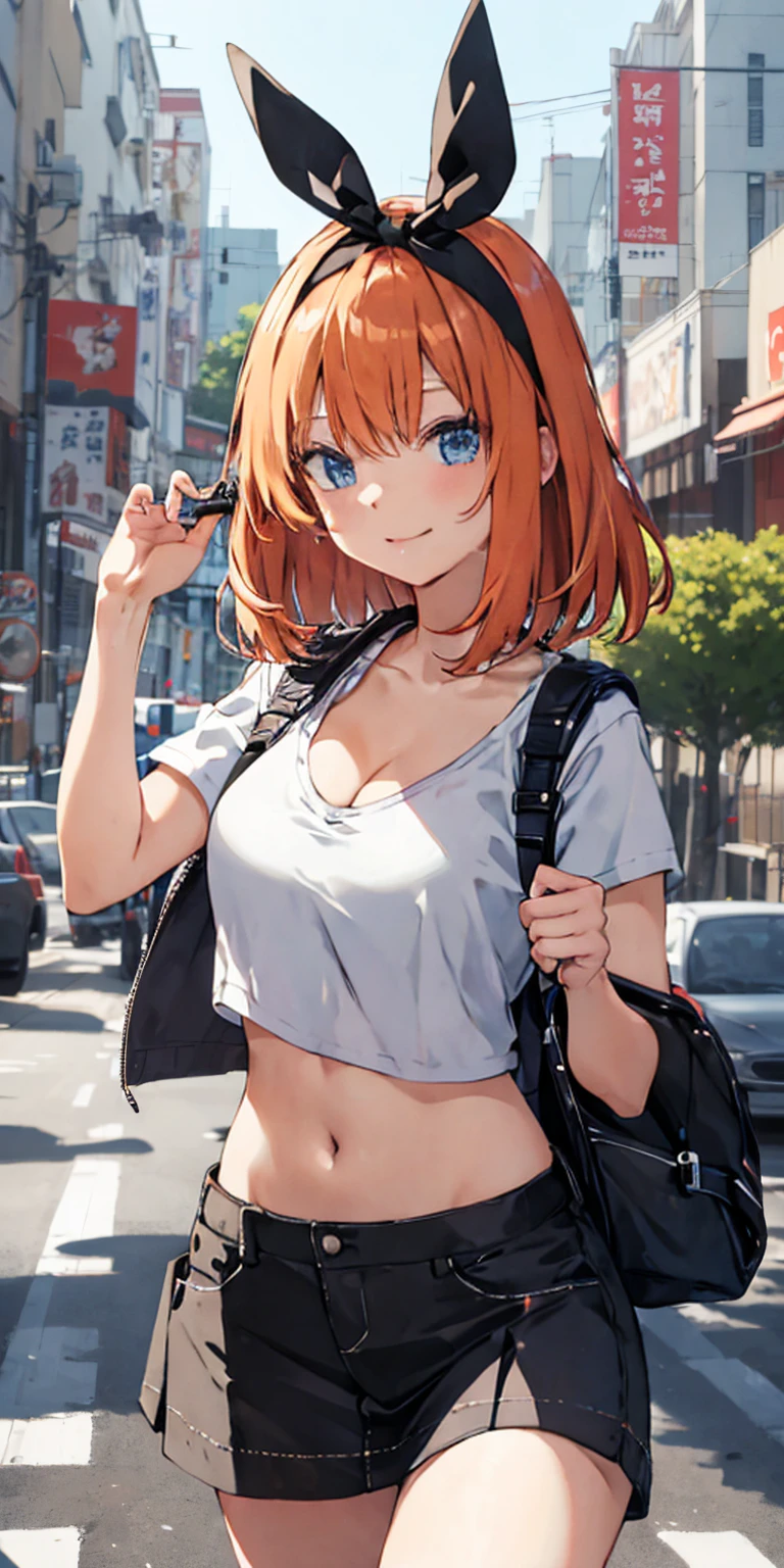 2D, masterpiece, highest quality, anime, very detailed, 1 girl, alone, cowboy shot, Nakano Yotsuba, orange hair, hair ribbon, crop top, cleavage , mini skirt, medium breasts, Are standing, , outdoor, smile