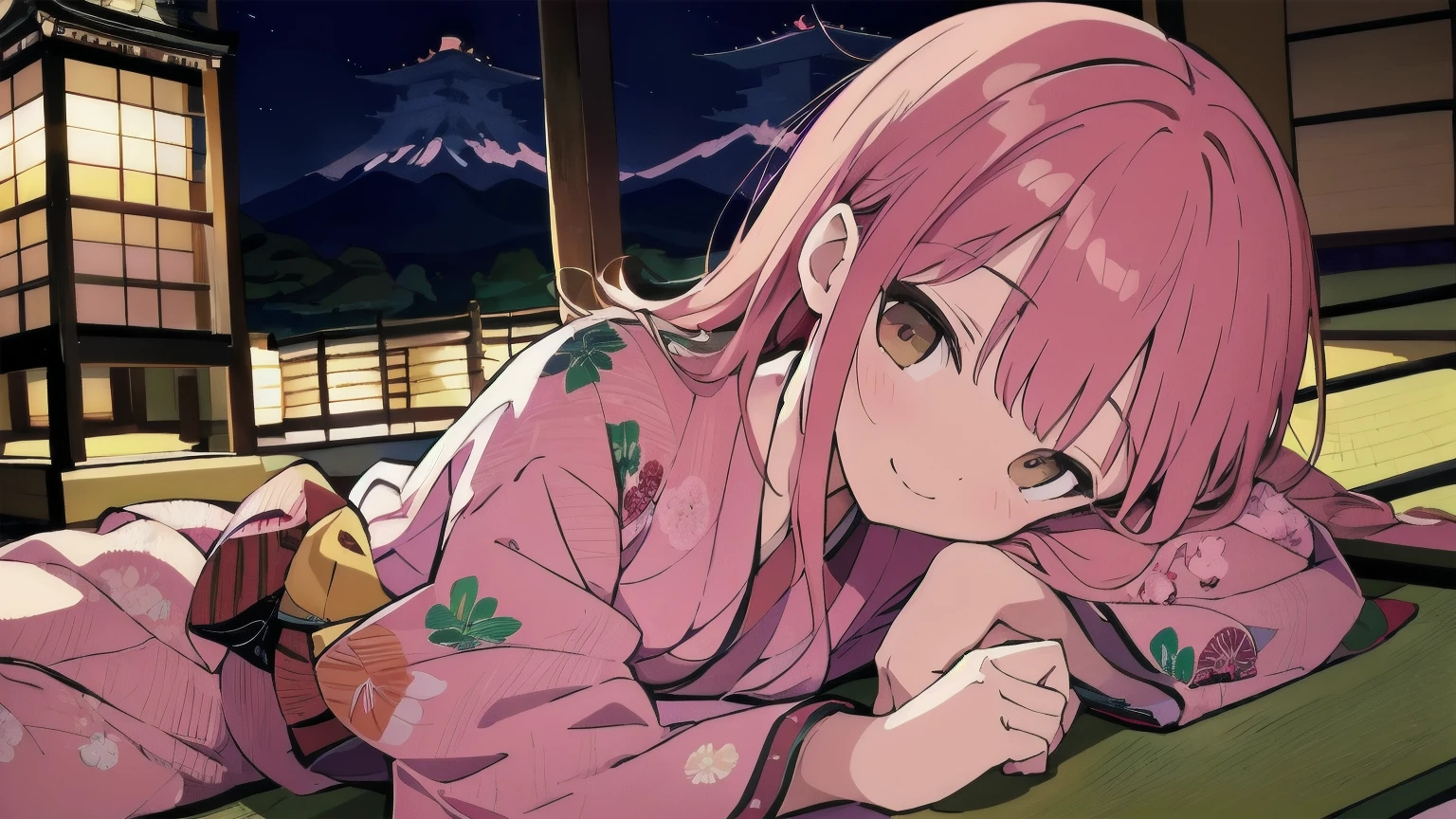 Very detailed, Detailed Background, (highest quality, masterpiece, High resolution), One girl, smile, Mid-chest, Pink Hair, Upper Body, pajamas, long hair、 (night:1.4)、 Dimly lit room, Co-sleeping style, (Japan tatami room:1.4)