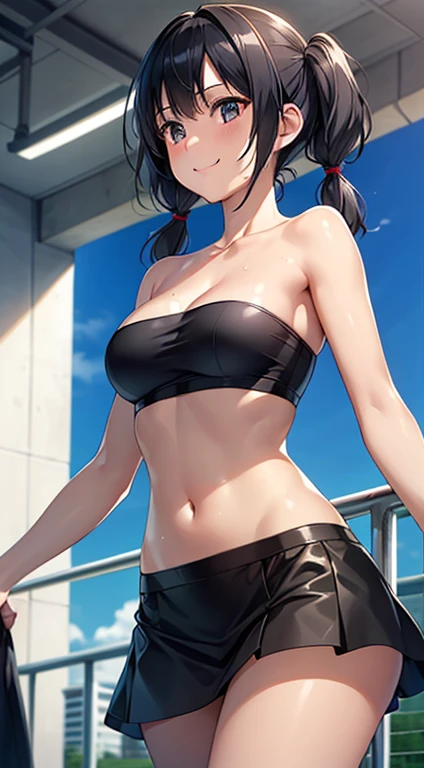 ((masterpiece, highest quality, High resolution, Hmm, Pixel perfect, Depth of written boundary, 4k, RTX, HDR))), 1 Girl, single, alone, Beautiful Anime Girls, Beautiful art style, Sunburned skin, anime character,,(Black hair,,Low twin tails:1.5), (Smooth texture:0.75, Realistic texture:0.65, Realistic:1.1, Anime CG Style), Medium breast, (Dynamic Angle, Dynamic pose:1.4, Watching the audience), Perfect body ,(Black Tube Top), mini skirt, smile, Sunburned skin,