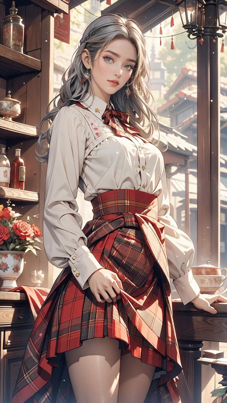 Claude Monet 、Dolceacqua Bridge、Wearing a red tartan mini skirt、Wearing a floral blouse、Silver Hair、blue eyes、Straight long hair_Hair reaching down to the waist、A shy smile