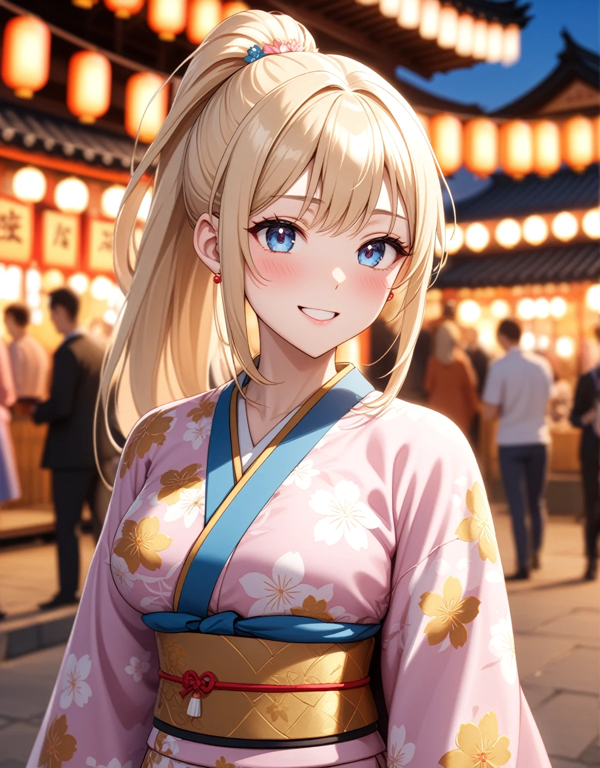 ((One woman)), Beautiful Face,Happy and joyful,Blushing,Laughing with your mouth open,Glossy Lips,Abstract, night,Shrine festival stalls, ((Anime style background)),masterpiece, highest quality, so beautiful, up to date, Complex details, (Pink long nails),AI-generated, Complex,High resolution, highest quality, super high quality,3D Images、View the viewers、3D Images,one person,Long Blonde Hair,(Hair with dark hairline),High Ponytail,blue eyes,Anime woman posing for a photo, [[Fine grain、Colorful eyes、Shining Eyes:1.15]],(Squint your eyes:1.1),a hyperRealistic , hyperRealistic , Realistic , Blonde anime woman with long hair, Smooth anime CG art, A woman in a colorful kimono with gold embroidery, Black kimono,Pink floral dress,Floral long hair ornament,Earrings,(Large Breasts:1.4),Mature Body,tall,Big Ass,Fine details,Trained abdominal muscles,(A woman making a heart sign with her hands),Put your hands together