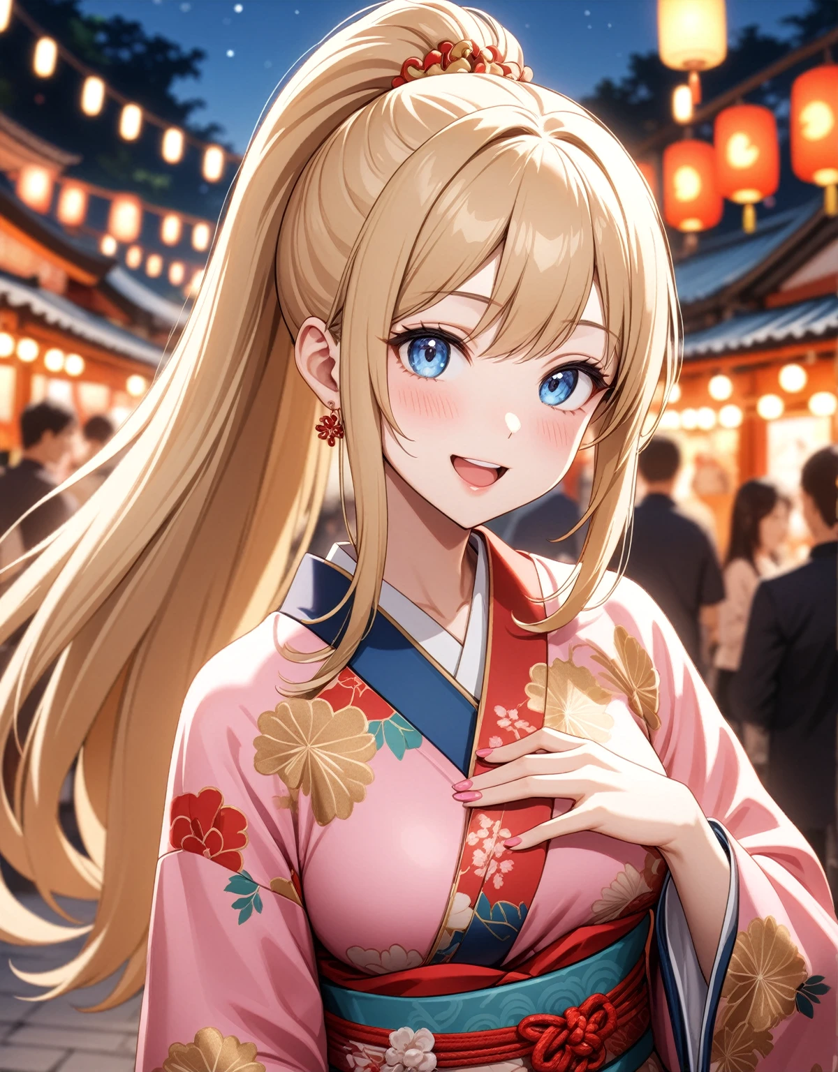((One woman)), Beautiful Face,Happy and joyful,Blushing,Laughing with your mouth open,Glossy Lips,Abstract, night,Shrine festival stalls, ((Anime style background)),masterpiece, highest quality, so beautiful, up to date, Complex details, (Pink long nails),AI-generated, Complex,High resolution, highest quality, super high quality,3D Images、View the viewers、3D Images,one person,Long Blonde Hair,(Hair with dark hairline),High Ponytail,blue eyes,Anime woman posing for a photo, [[Fine grain、Colorful eyes、Shining Eyes:1.15]],(Squint your eyes:1.1),a hyperRealistic , hyperRealistic , Realistic , Blonde anime woman with long hair, Smooth anime CG art, A woman in a colorful kimono with gold embroidery, Black kimono,Pink floral dress,Floral long hair ornament,Earrings,(Large Breasts:1.4),Mature Body,tall,Big Ass,Fine details,Trained abdominal muscles,(A woman making a heart sign with her hands),Put your hands together