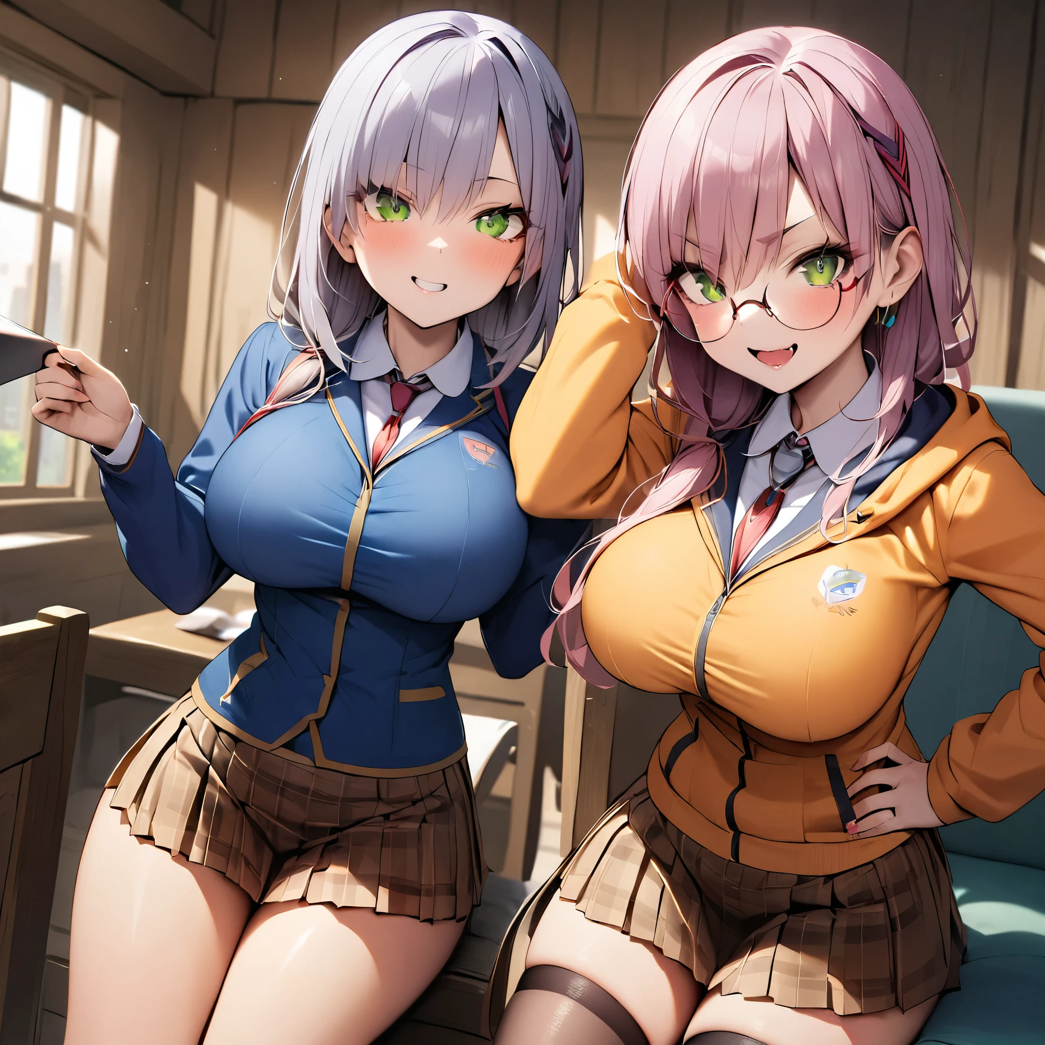 Two Girls, With two people, Big eyes, Wicked Smile,hoodie, Pleated skirt, JK,Large Breasts、Attractive breasts、Waistline