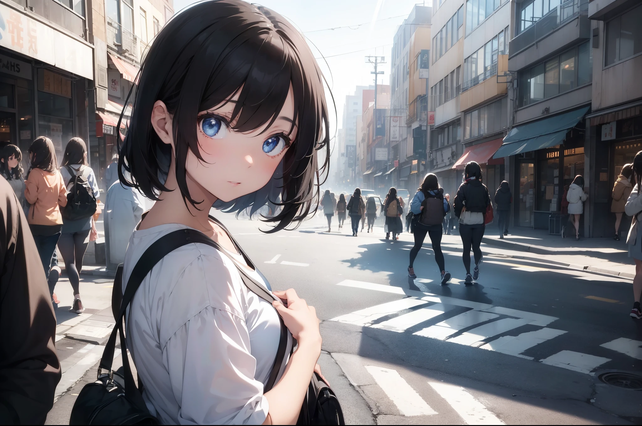 (masterpiece, best quality), A short (147 cm) girl with disheveled black hair framing her worried face makes her way through the crowd on a busy morning street. The camera below captures her gaze full of anxiety. The rays of the rising sun, breaking through the morning haze, fall on her pale skin, emphasizing her blue eyes staring into the distance. The surrounding people are blurred, creating a cinematic effect that emphasizes the loneliness of the girl in this urban bustle.
